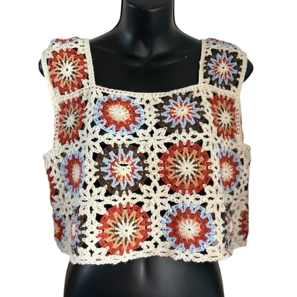 Altar'd State Maya Crochet Medallion Tank Top ivory fall color pattern sz M used - Picture 6 of 9